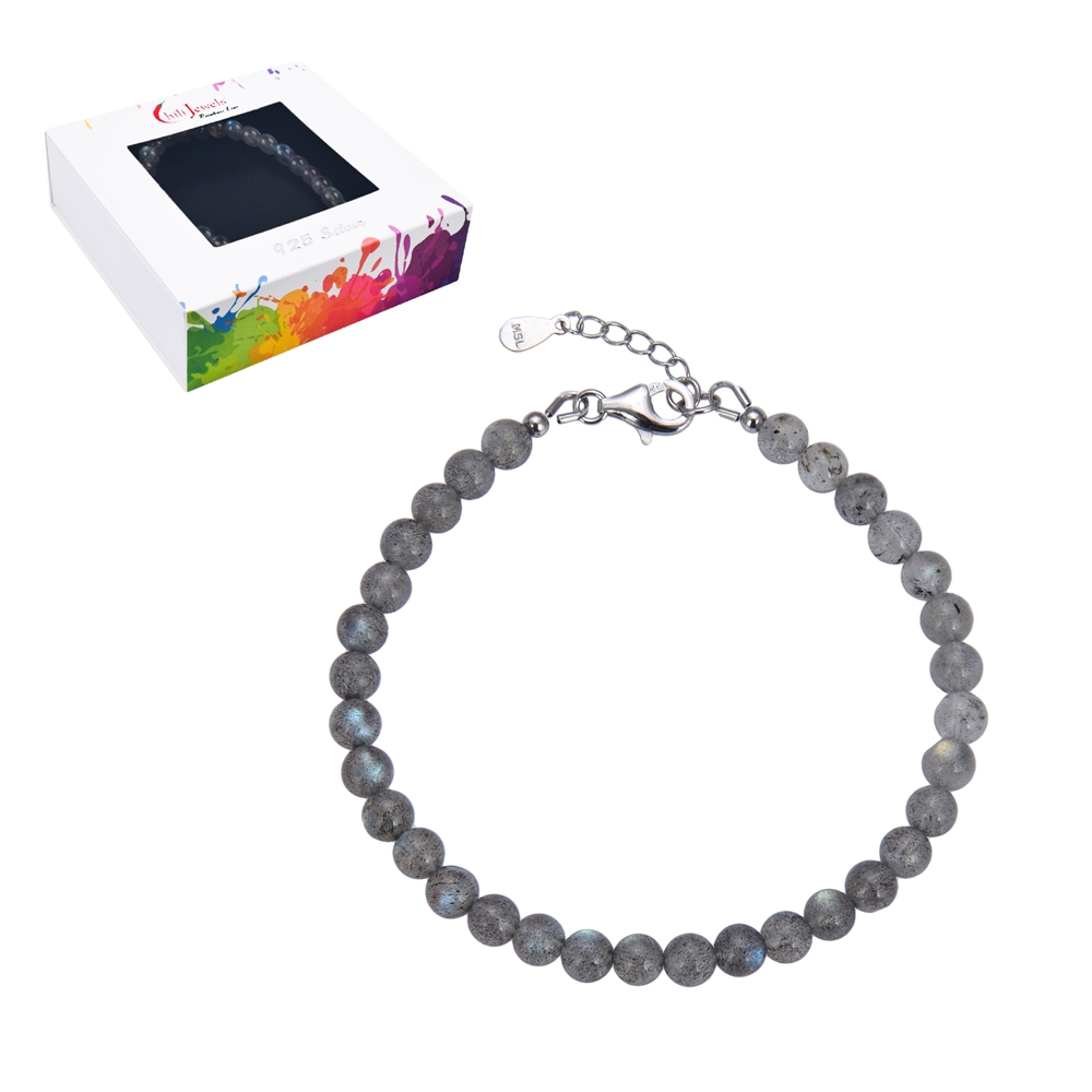 Bracelet labradorite, 6mm beads, extension chain, rhodium plated