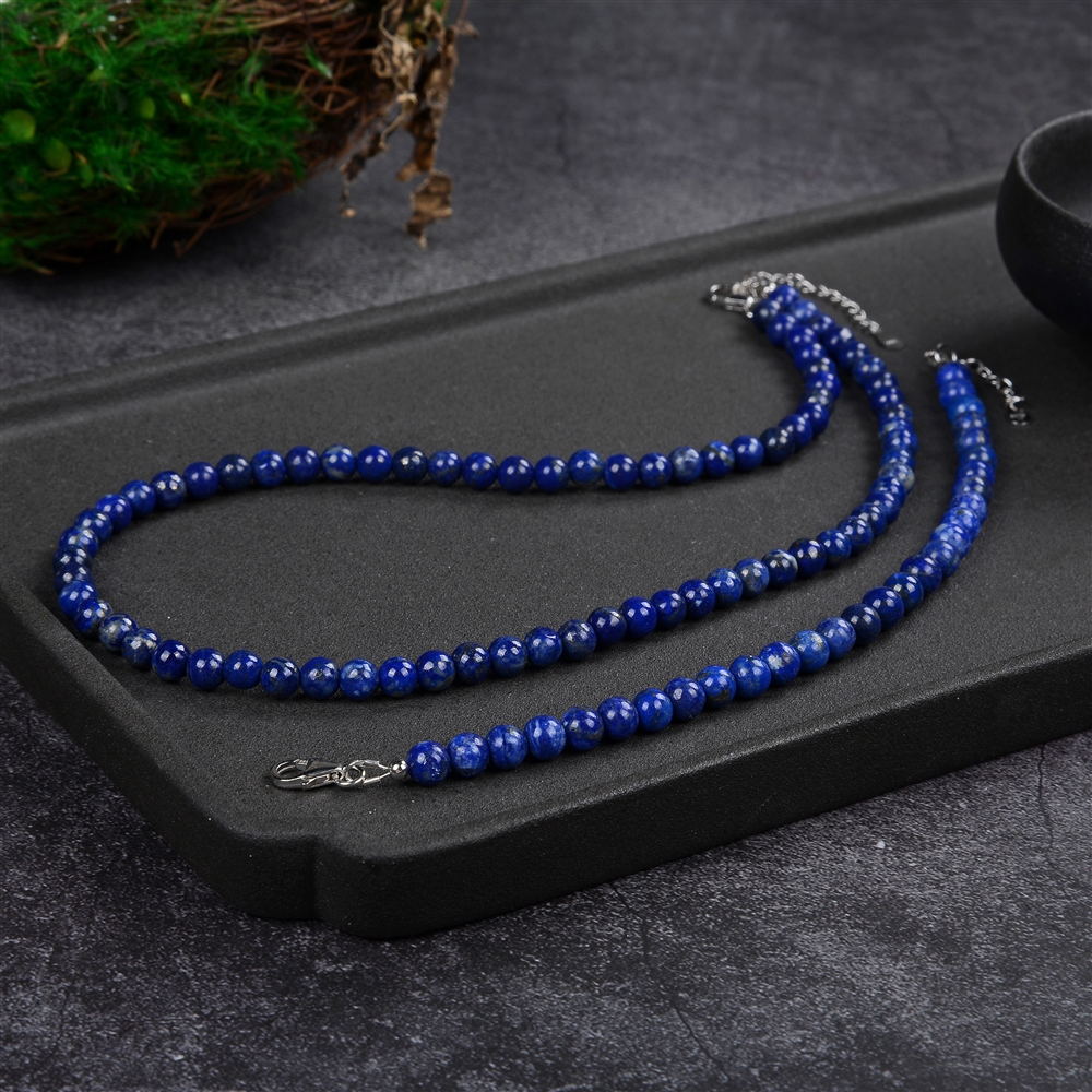 Necklace Lapis Lazuli, beads (6mm), rhodium plated, extension chain