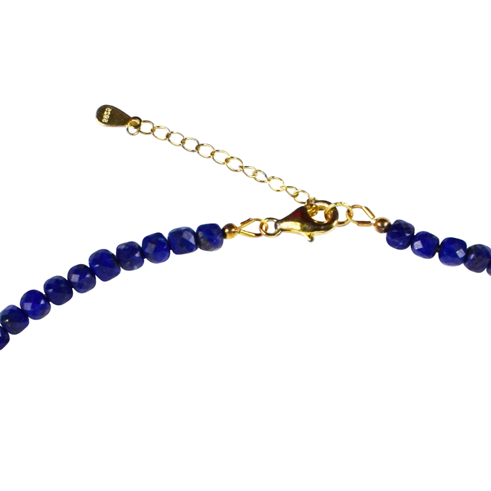 Kette Lapis Lazuli, Würfel (4mm), facettiert, vergoldet, Verlängerungskettchen