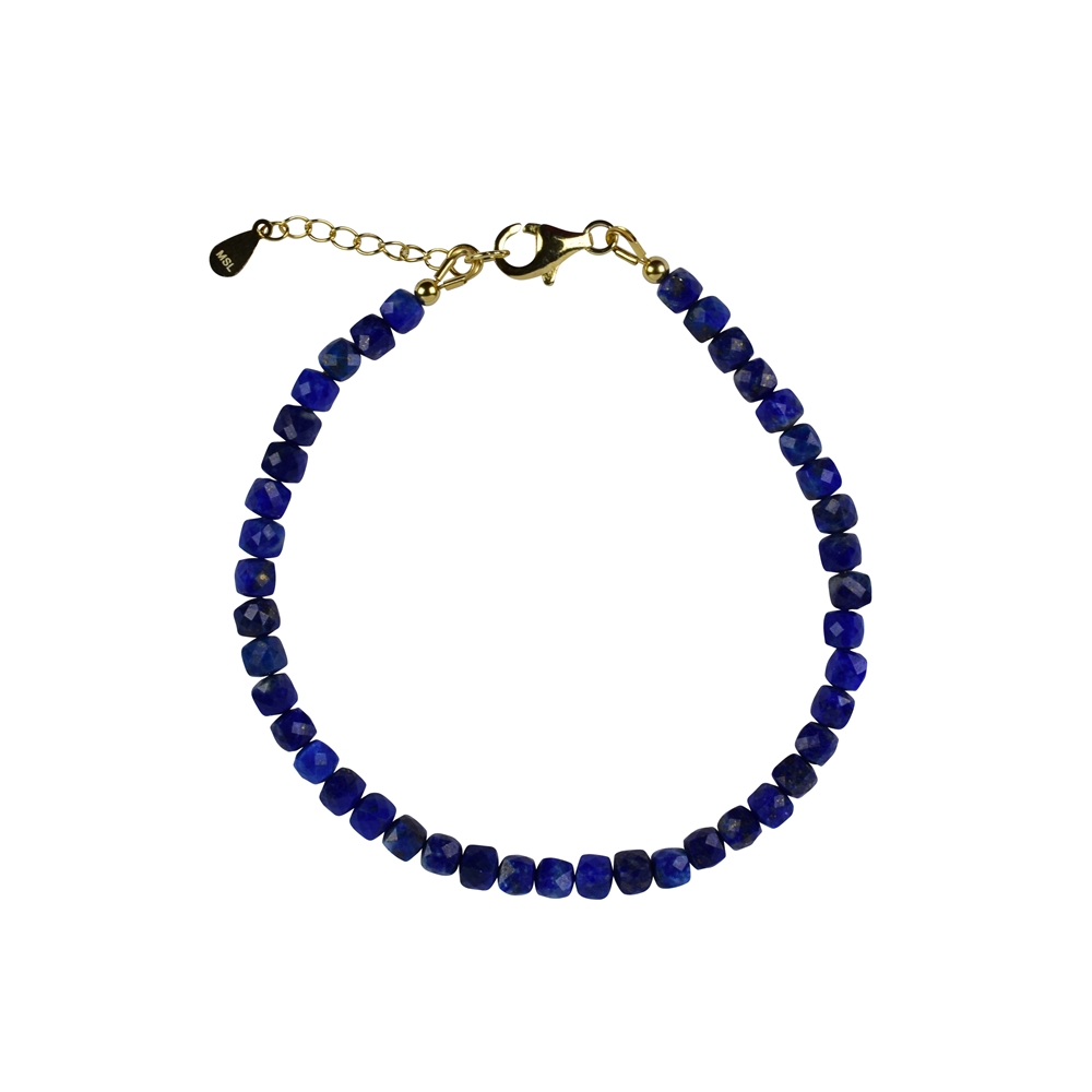 Kette Lapis Lazuli, Würfel (4mm), facettiert, vergoldet, Verlängerungskettchen