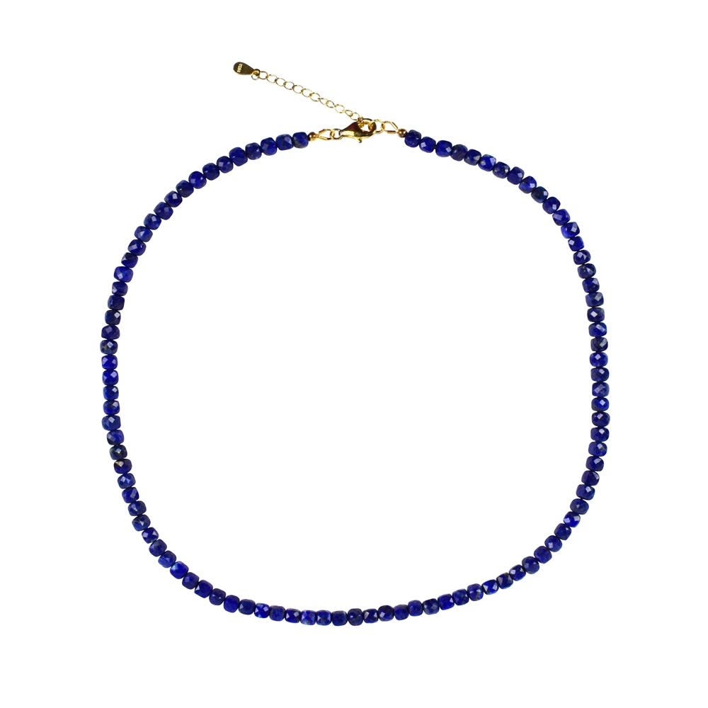 Kette Lapis Lazuli, Würfel (4mm), facettiert, vergoldet, Verlängerungskettchen