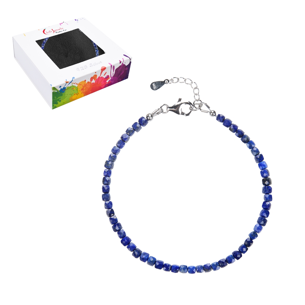 Armband Lapis Lazuli, 3mm-Würfel facettiert, Verlängerungskettchen, rhodiniert