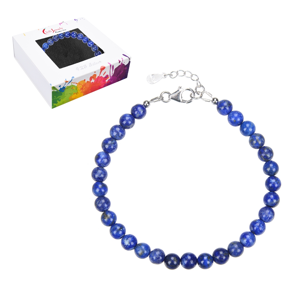 Bracelet Lapis Lazuli, 6mm beads, extension chain, rhodium plated