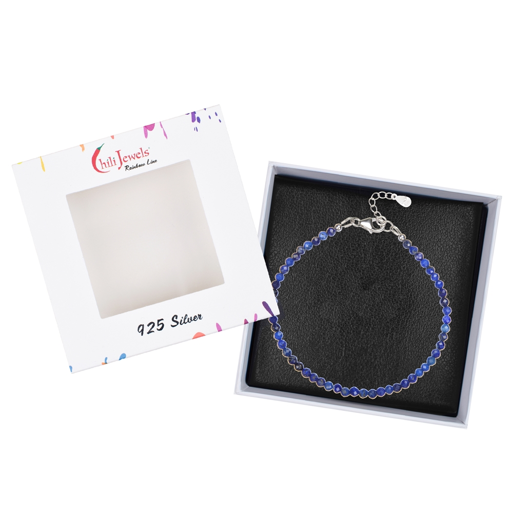 Bracelet Lapis Lazuli, beads (3mm) faceted, rhodium plated, extension chain