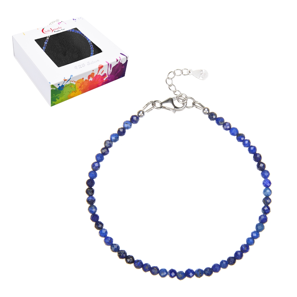Bracelet Lapis Lazuli, beads (3mm) faceted, rhodium plated, extension chain