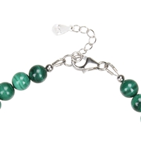 Bracelet Malachite (stab.), 6mm beads, extension chain, rhodium-plated