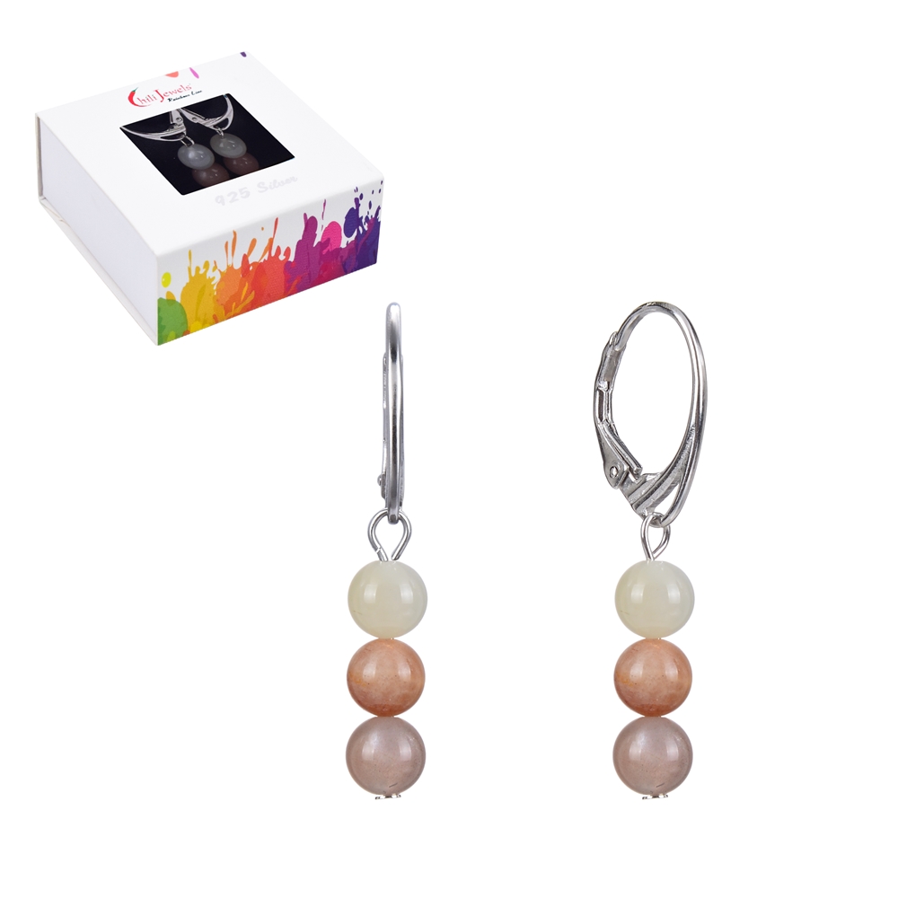 Earrings Moonstone (multicolored), 6mm balls, rhodium plated
