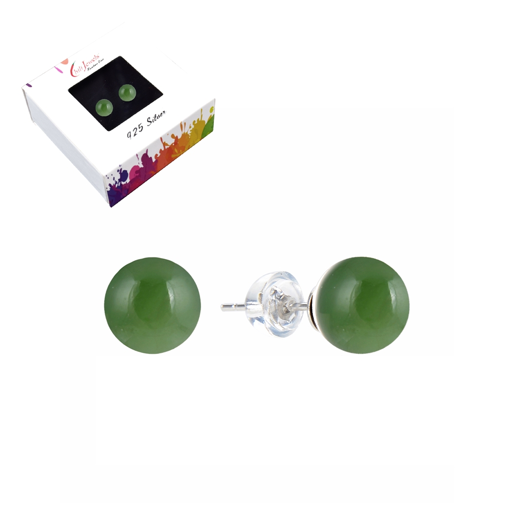 Earstud nephrite jade, ball, 8mm, rhodium plated