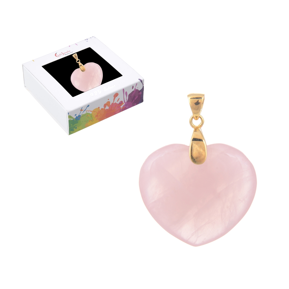 Ciondolo in quarzo rosa, cuore (28 mm), 4,2 cm, placcato oro