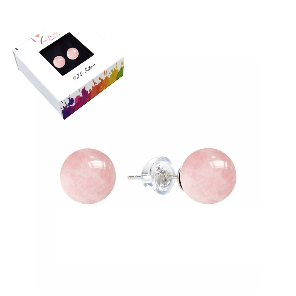 Clous d'oreilles Quartz rose, boule, 8mm, rhodié