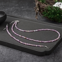Necklace Ruby beads (3mm), faceted rhodium plated, extension chain