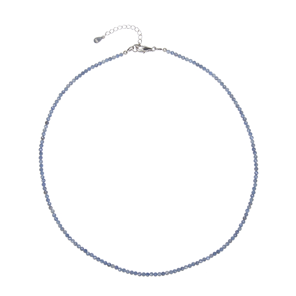 Collana di perle di zaffiro (3 mm), rodiato sfaccettato, catena di estensione
