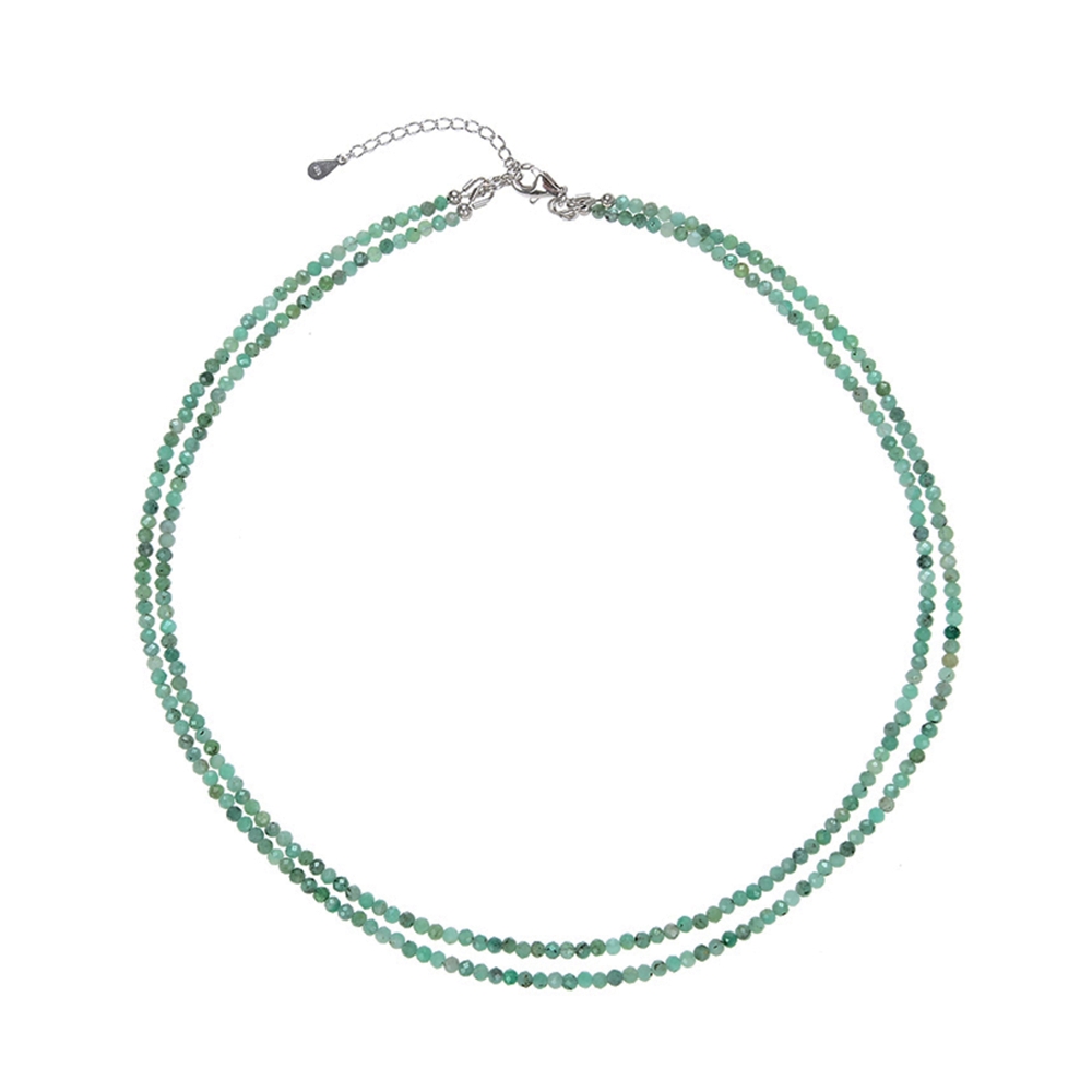 Collana di smeraldi, perline (3 mm), sfaccettate, rodiate, catena di estensione