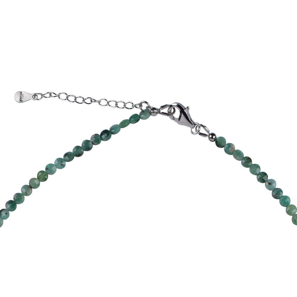 Collana di smeraldi, moneta (3,5 - 4 mm), sfaccettata, rodiata, catena di estensione