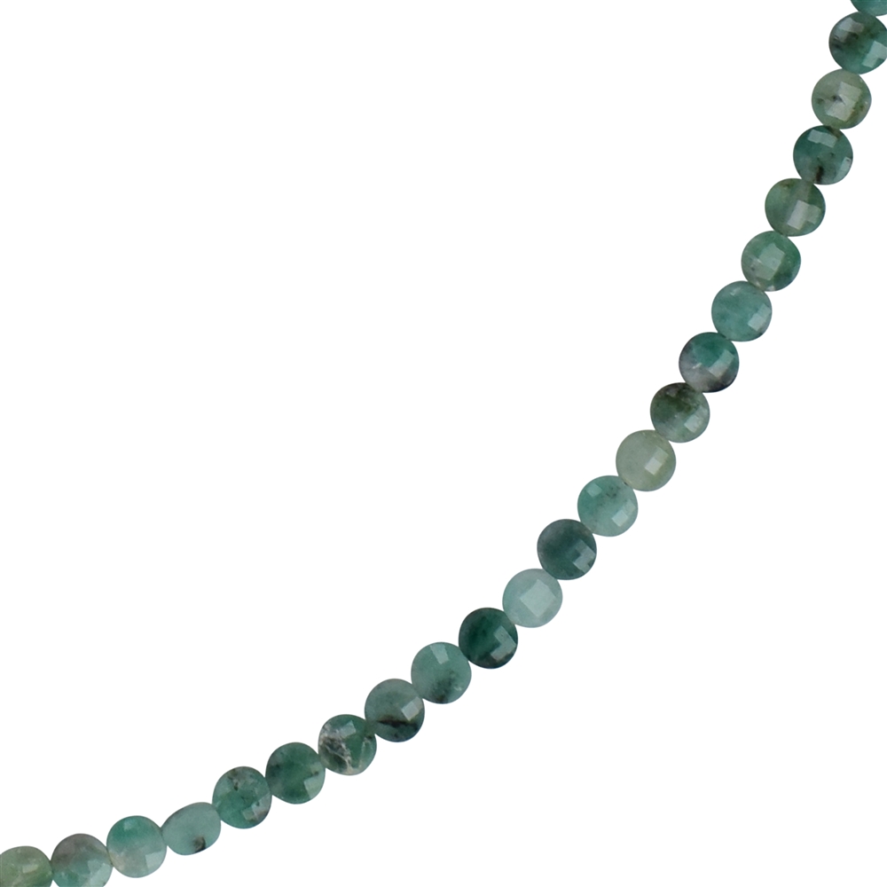 Necklace emerald, coin (3,5 - 4mm), faceted, rhodium-plated, extension chain