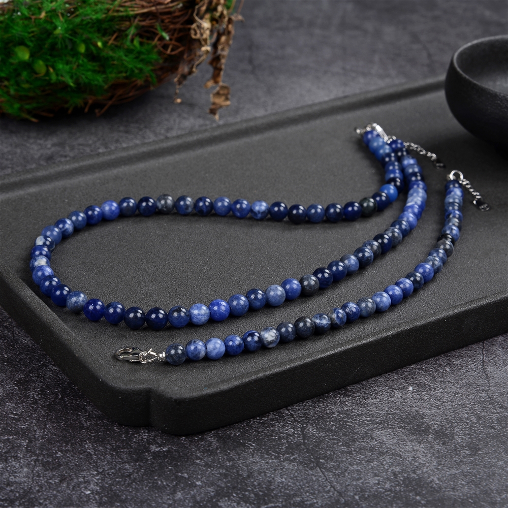 Collana con sfera di sodalite da 6 mm, argento rodiato, catena di prolungamento