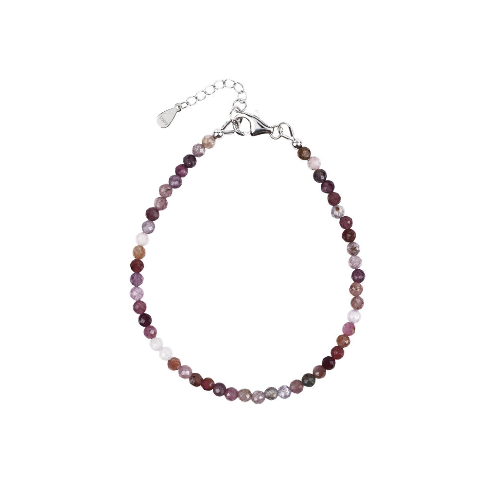Bracelet Spinelle rouge-rose/multicolore facetté, boules de 03mm, chaînette de rallonge, rhodié 