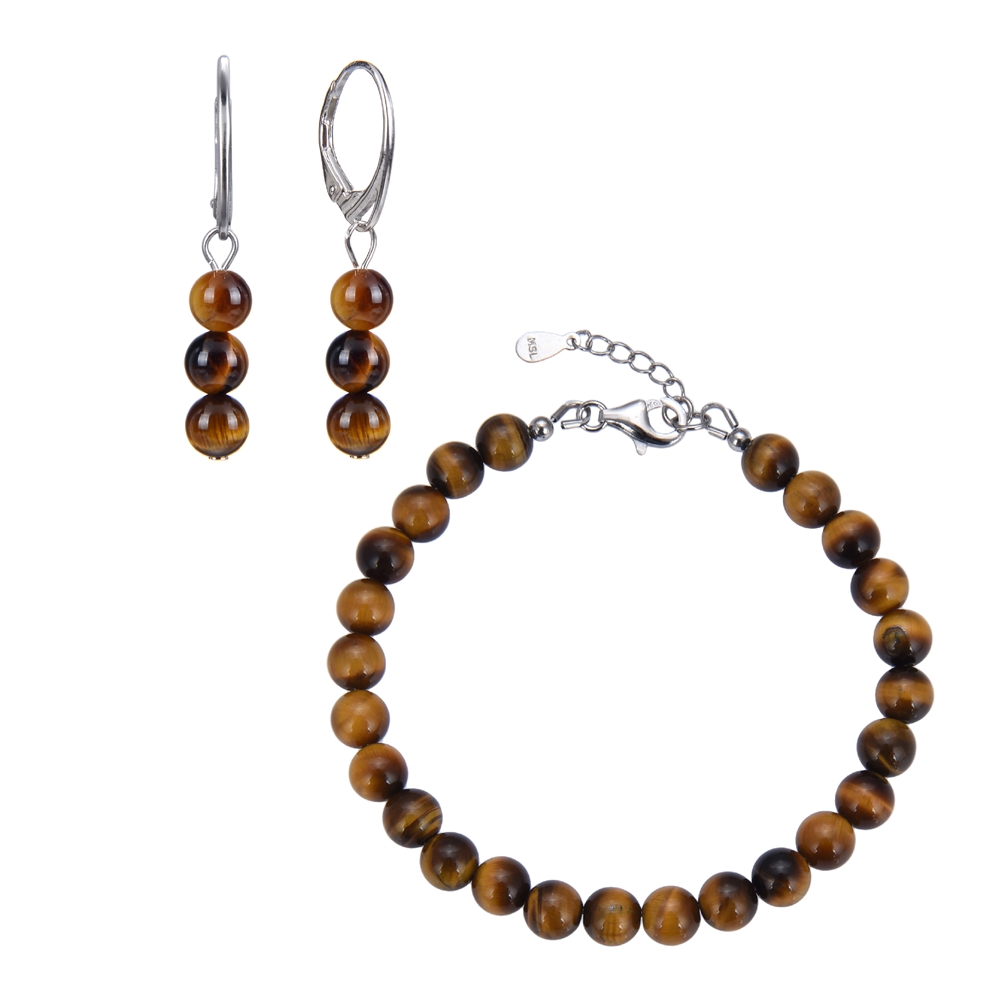 Chain Tiger's Eye, 6mm balls, extension chain, rhodium plated, gift box