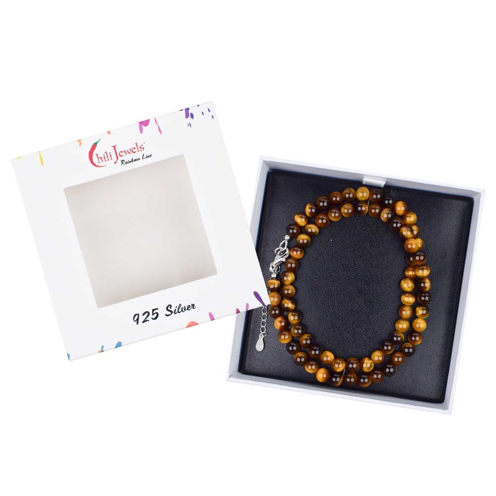 Chain Tiger's Eye, 6mm balls, extension chain, rhodium plated, gift box