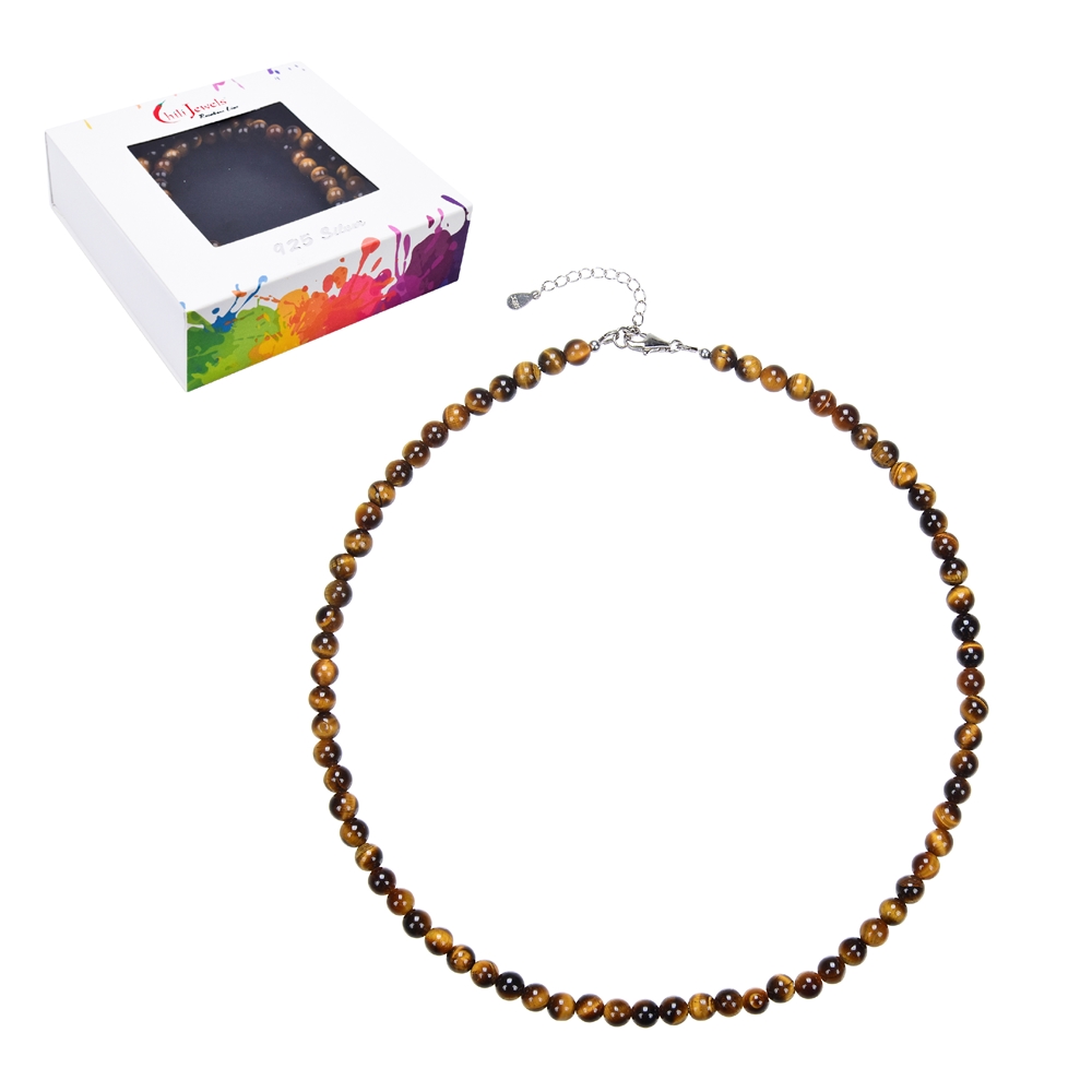 Chain Tiger's Eye, 6mm balls, extension chain, rhodium plated, gift box