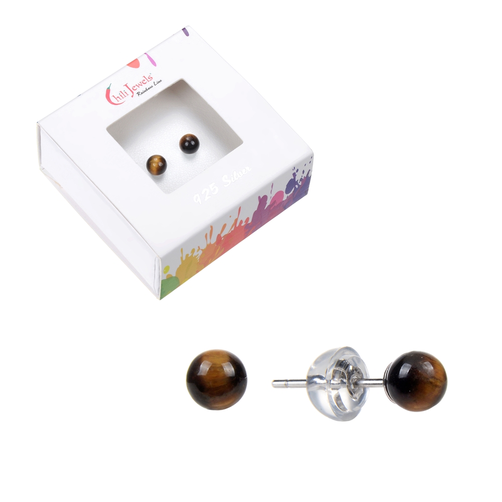 0615345104 Earstud Tiger's Eye, ball, 4mm, rhodium plated | gems, healing stones & jewelry