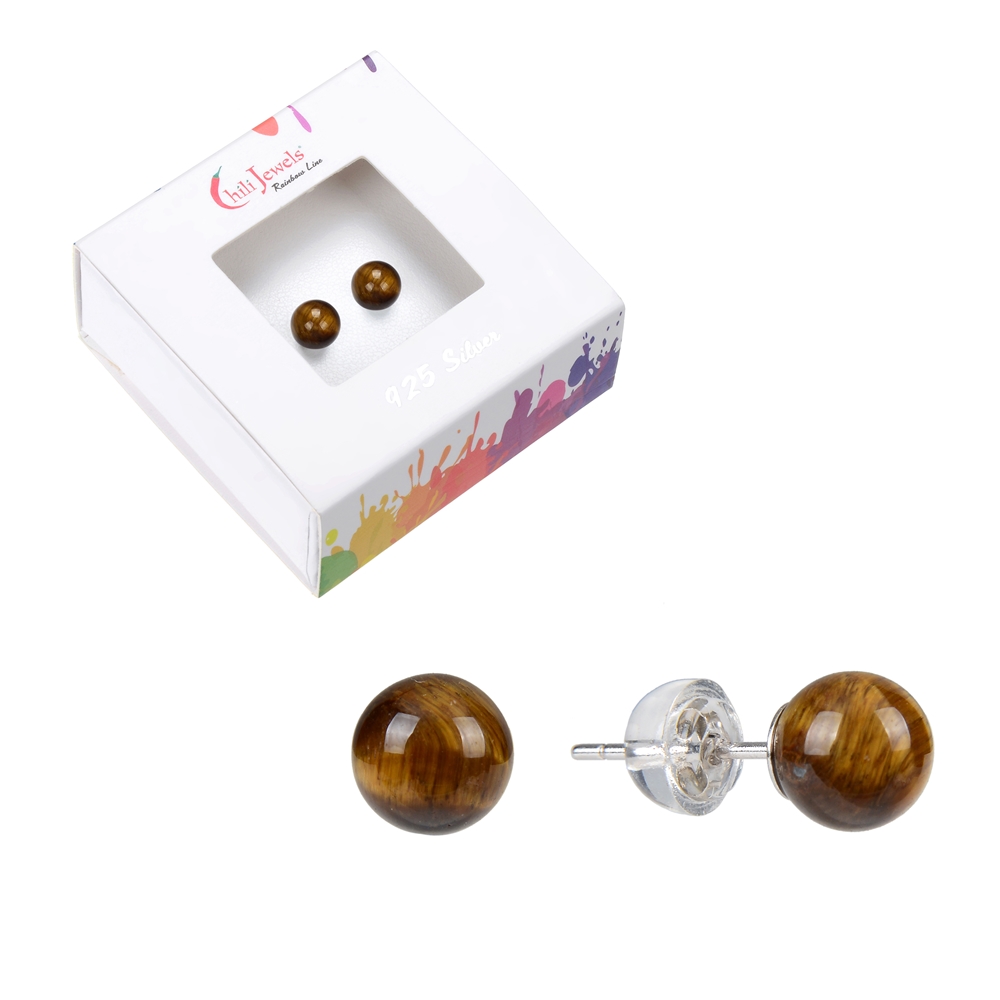 0615345106 Earstud Tiger's Eye, ball, 6mm, rhodium plated | gems, healing stones & jewelry