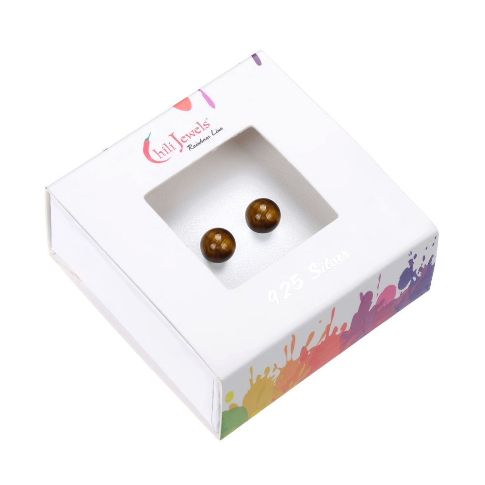 Earstuds Tiger's Eye, ball, 8mm, rhodium-plated