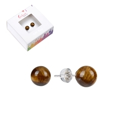 0615345108 Earstuds Tiger's Eye, ball, 8mm, rhodium-plated | gems, healing stones & jewelry