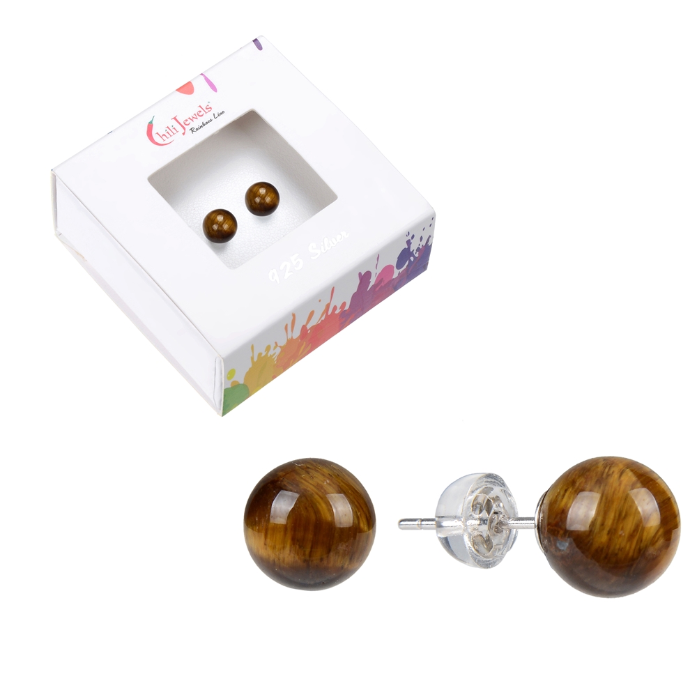 0615345108 Earstuds Tiger's Eye, ball, 8mm, rhodium-plated | gems, healing stones & jewelry