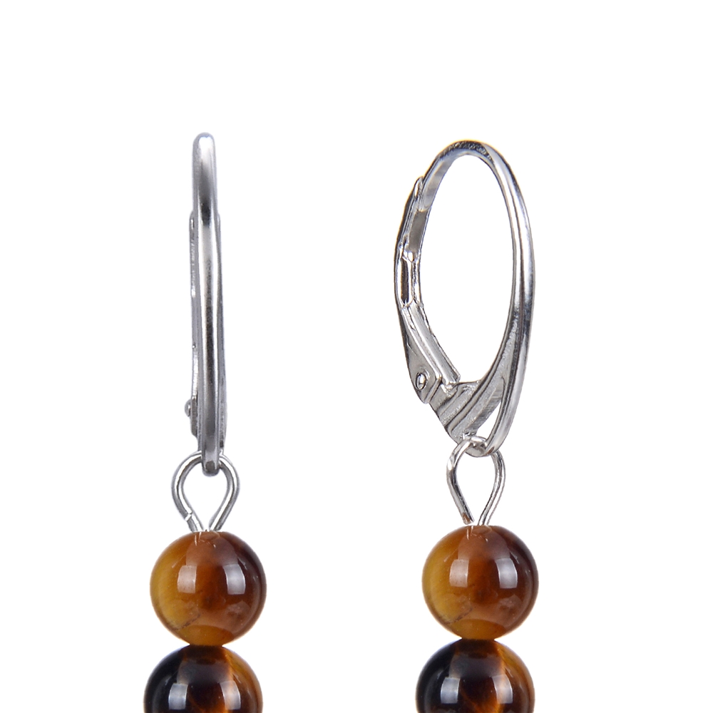 Boucles d'oreilles avec crochets Oeil-de-tigre boules 6mm, plaqué rhodium, boîte cadeau