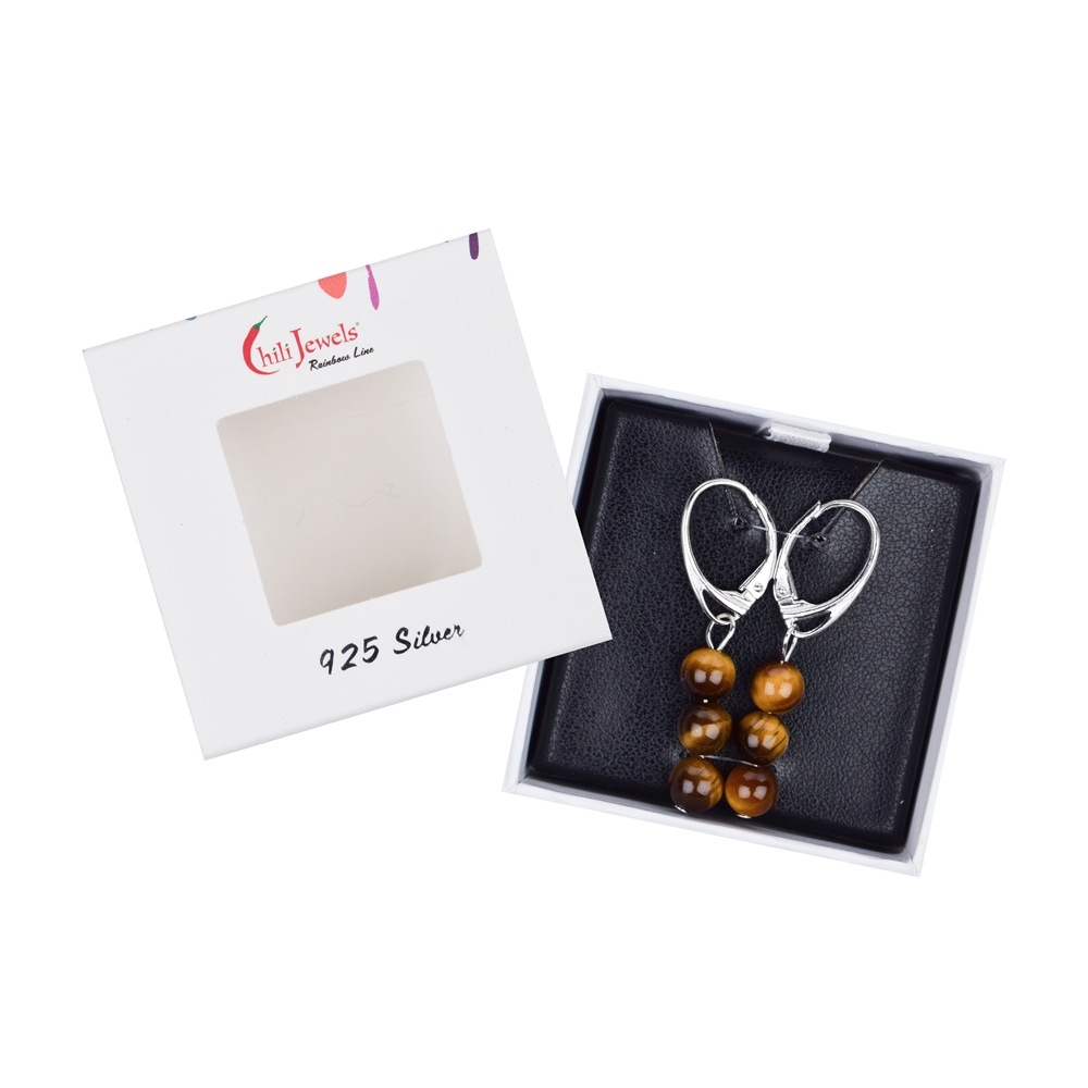 Earrings Tiger's Eye 6mm balls, rhodium plated, gift box