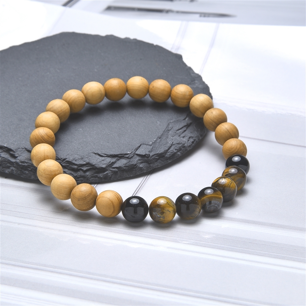 Bracelet, Tiger&#39;s Eye, Tourmaline (black), sandalwood, 8mm, 20cm | Marco Schreier