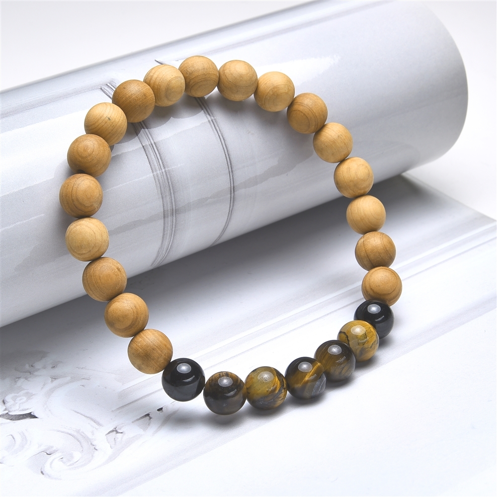 Bracelet, Tiger&#39;s Eye, Tourmaline (black), sandalwood, 8mm, 20cm | Marco Schreier