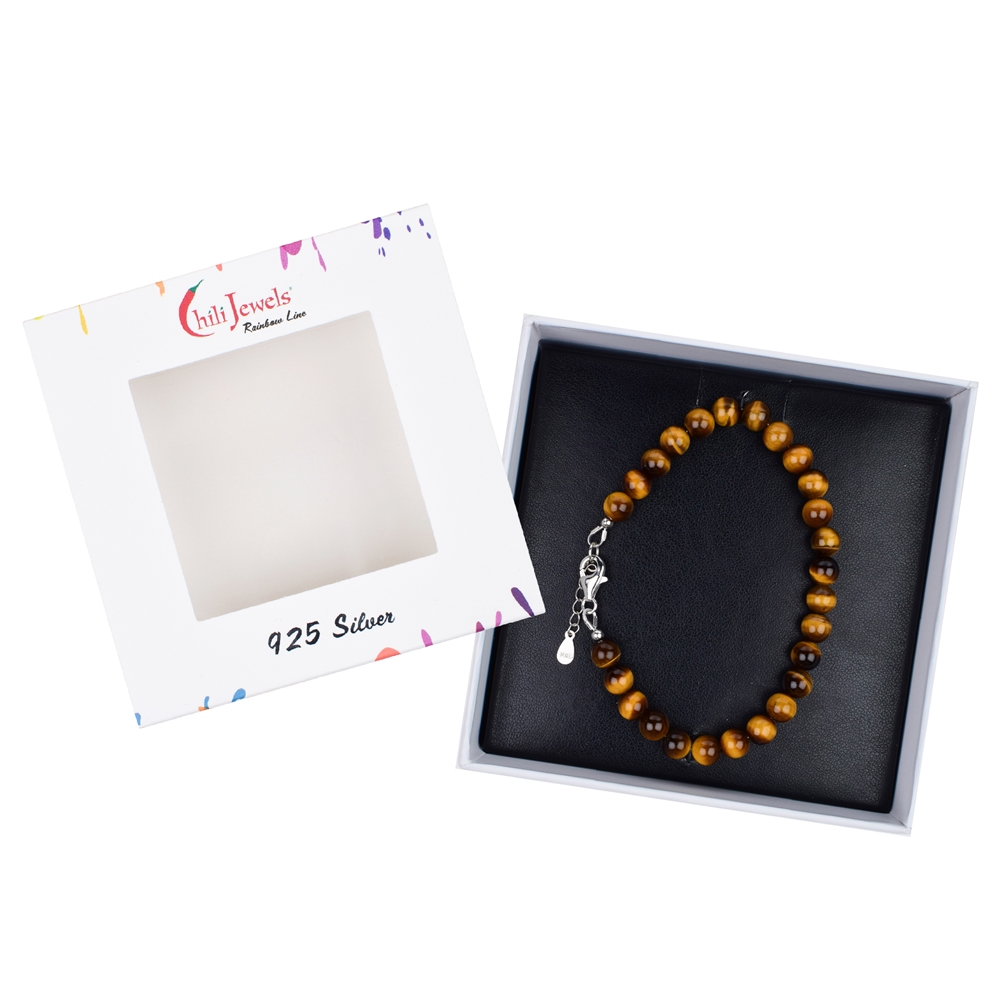 Bracelet Tiger's Eye, 6mm beads, extension chain, rhodium plated, gift box