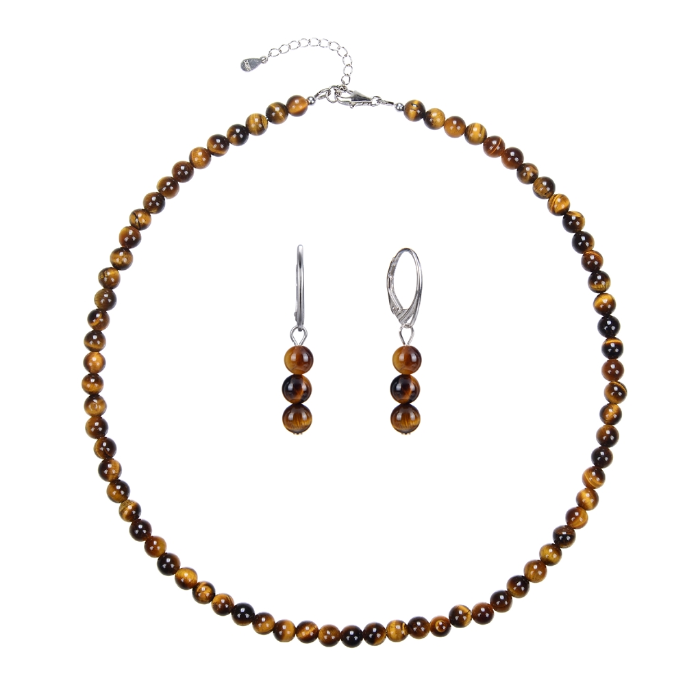 Bracelet Tiger's Eye, 6mm beads, extension chain, rhodium plated, gift box