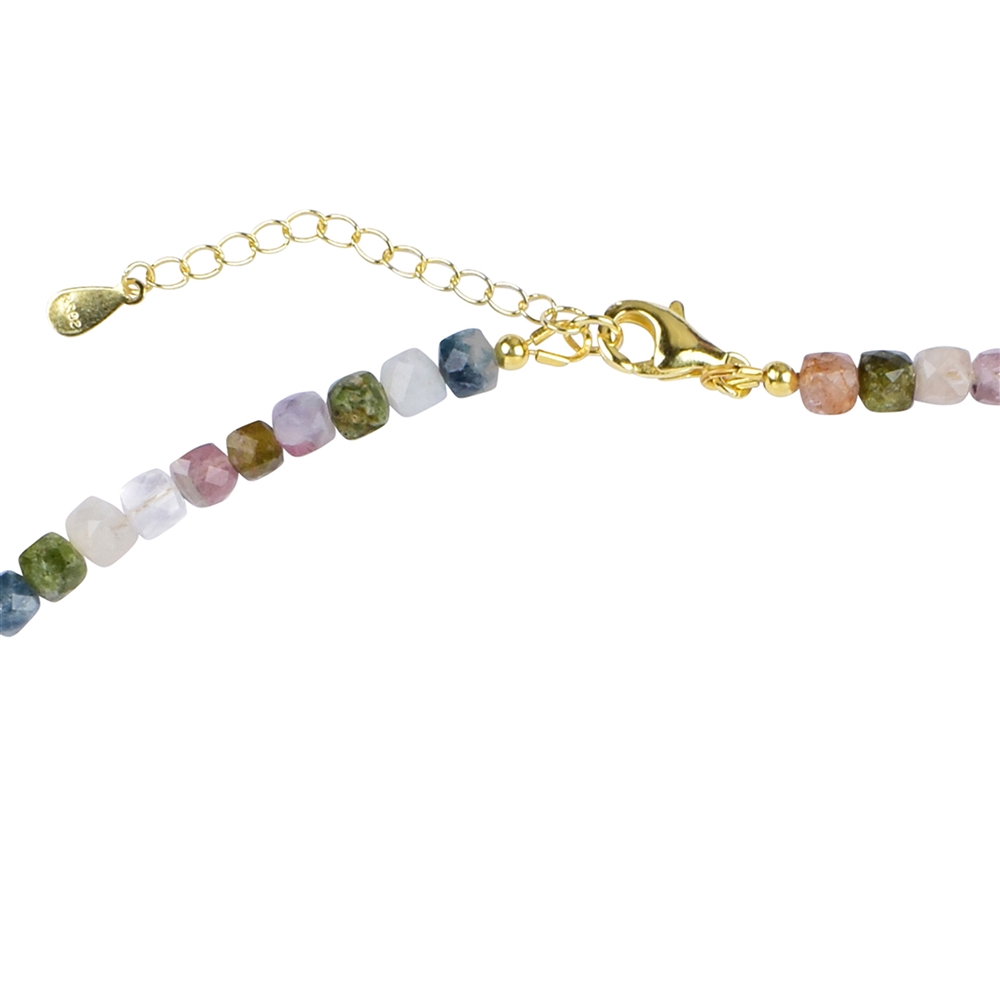 Collana tormalina (colorata), cubo sfaccettato (4 mm), placcato oro, catena di estensione