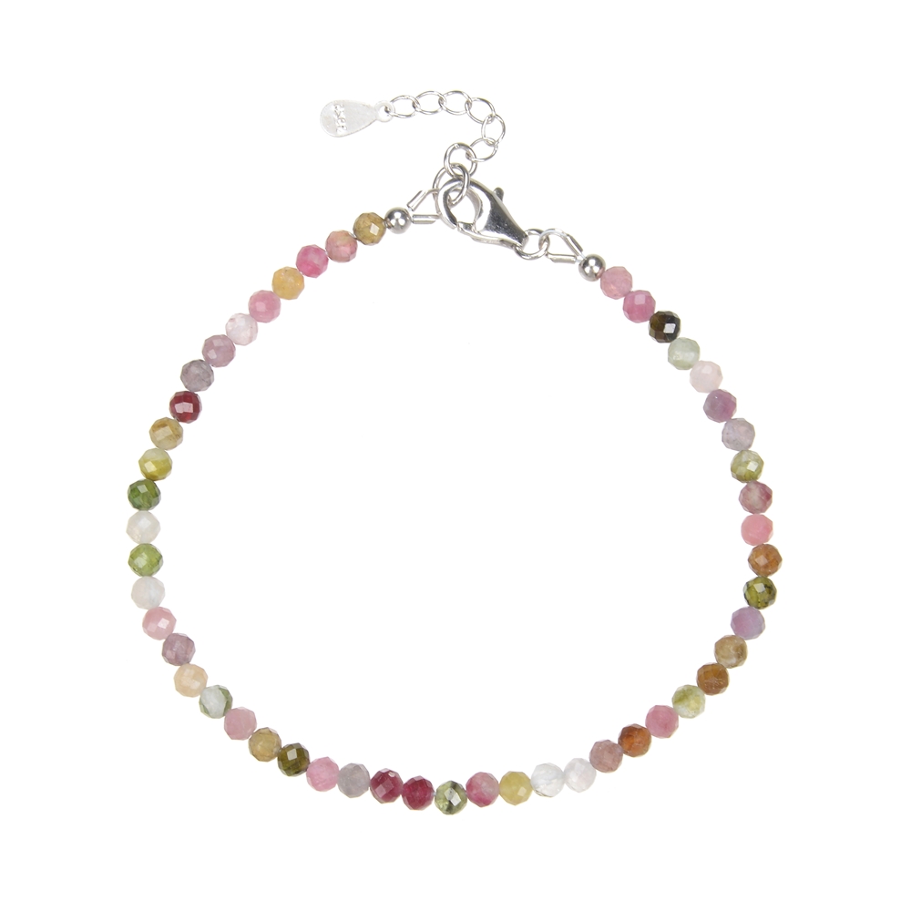 Bracelet en perles rondes (polychrome) Tourmaline (3mm), facettes rhodiées, chaînette de rallonge