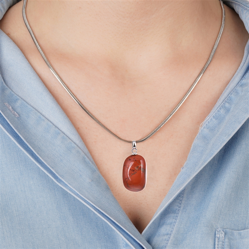 Pendentif Jaspe (rouge), Pierre roulée petit modèle, rhodié 