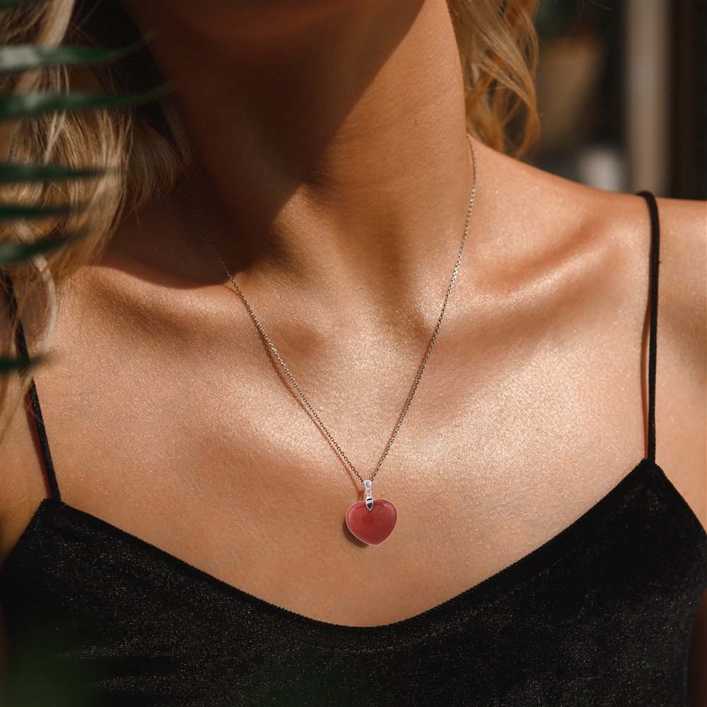 Jasper (red) pendant, heart (28mm), 4.2cm, rhodium plated