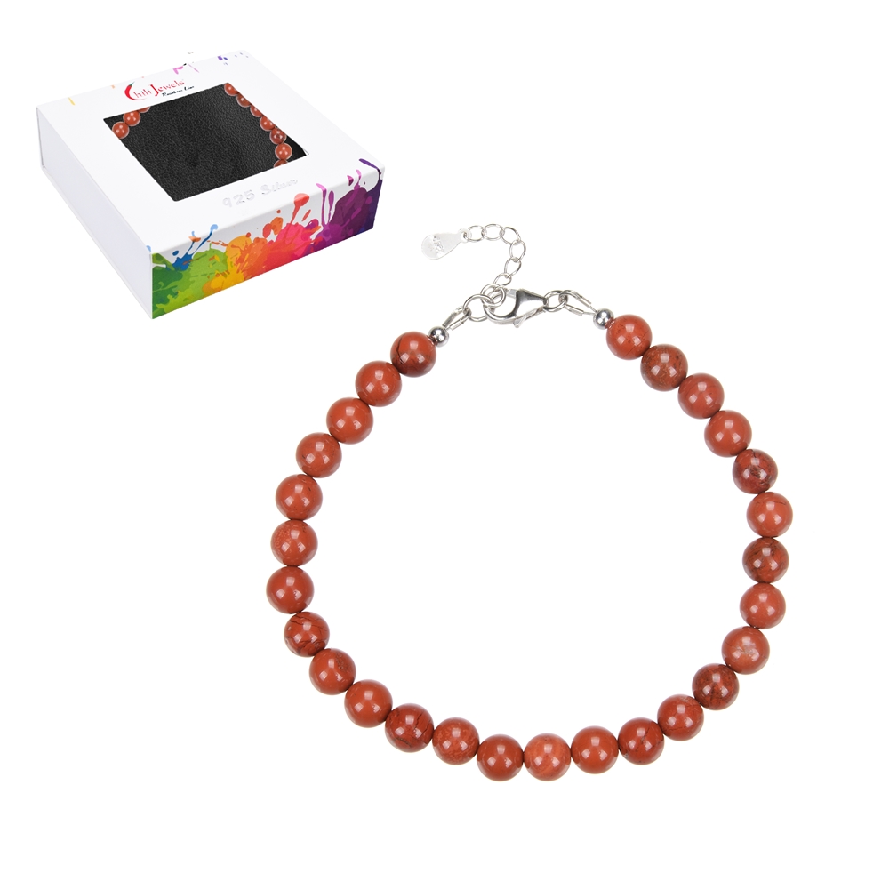 Bracelet Jasper (red), 6mm beads, extension chain, rhodium plated