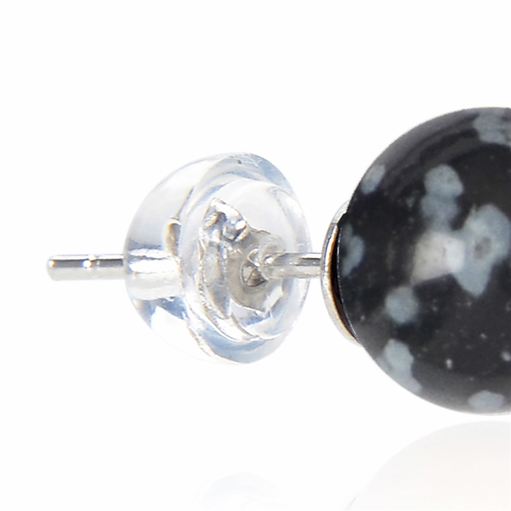 Clous d'oreilles flocon de neige-obsidienne, boule, 8mm, rhodié