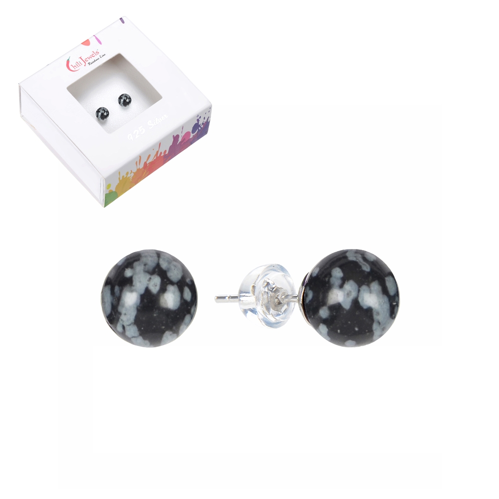 Clous d'oreilles flocon de neige-obsidienne, boule, 8mm, rhodié