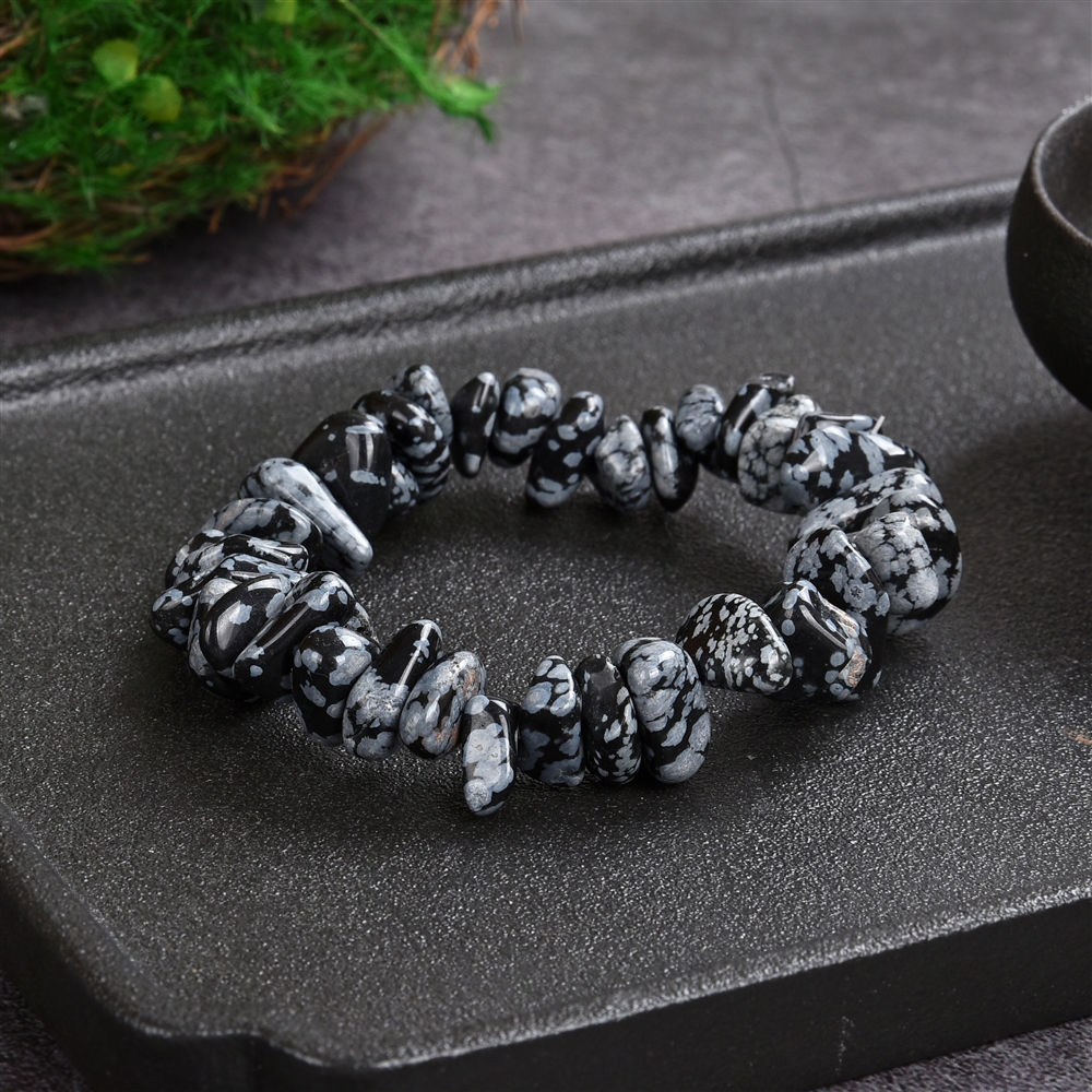 Bracelet, Obsidian (snowflake obsidian), 04-07 x 12-16mm nuggets