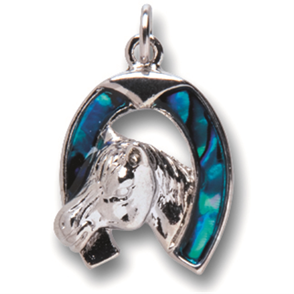 Pendant horseshoe with horse head, Paua Shell, with chain