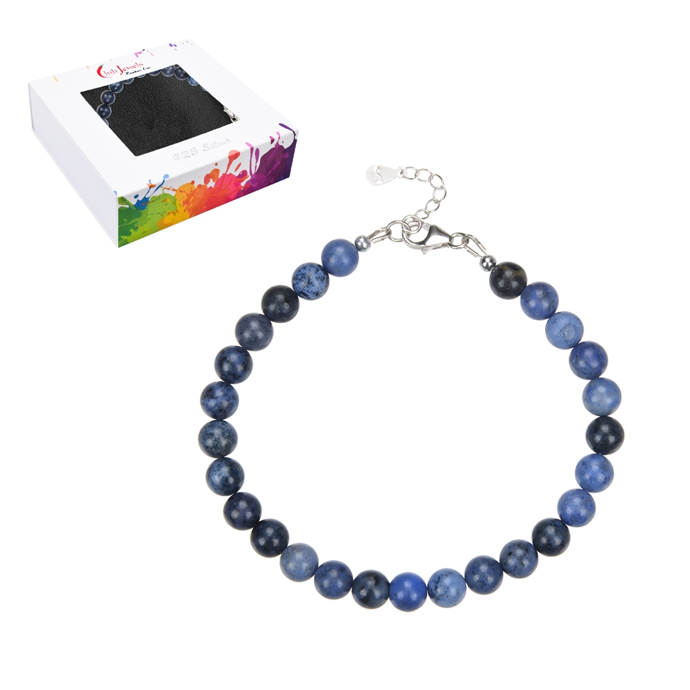 Bracelet Dumortierite, 6mm beads, extension chain, rhodium plated