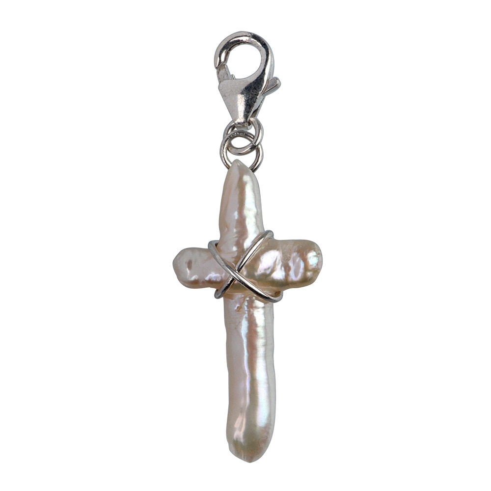 Charm, cross-shaped pearl set with 925 silver wire and Lobster Clasp