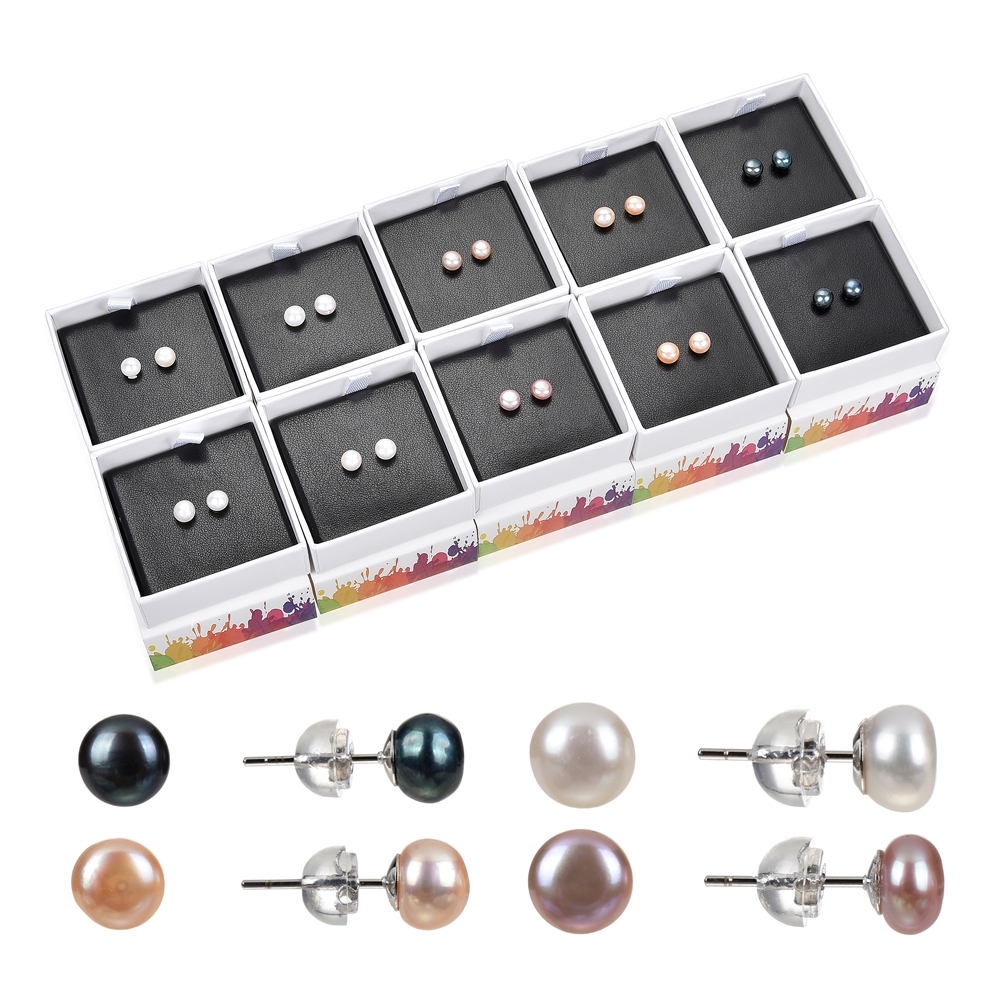 10 Paar Ohrstecker Perlen, Farben gemischt, 6mm, Silber