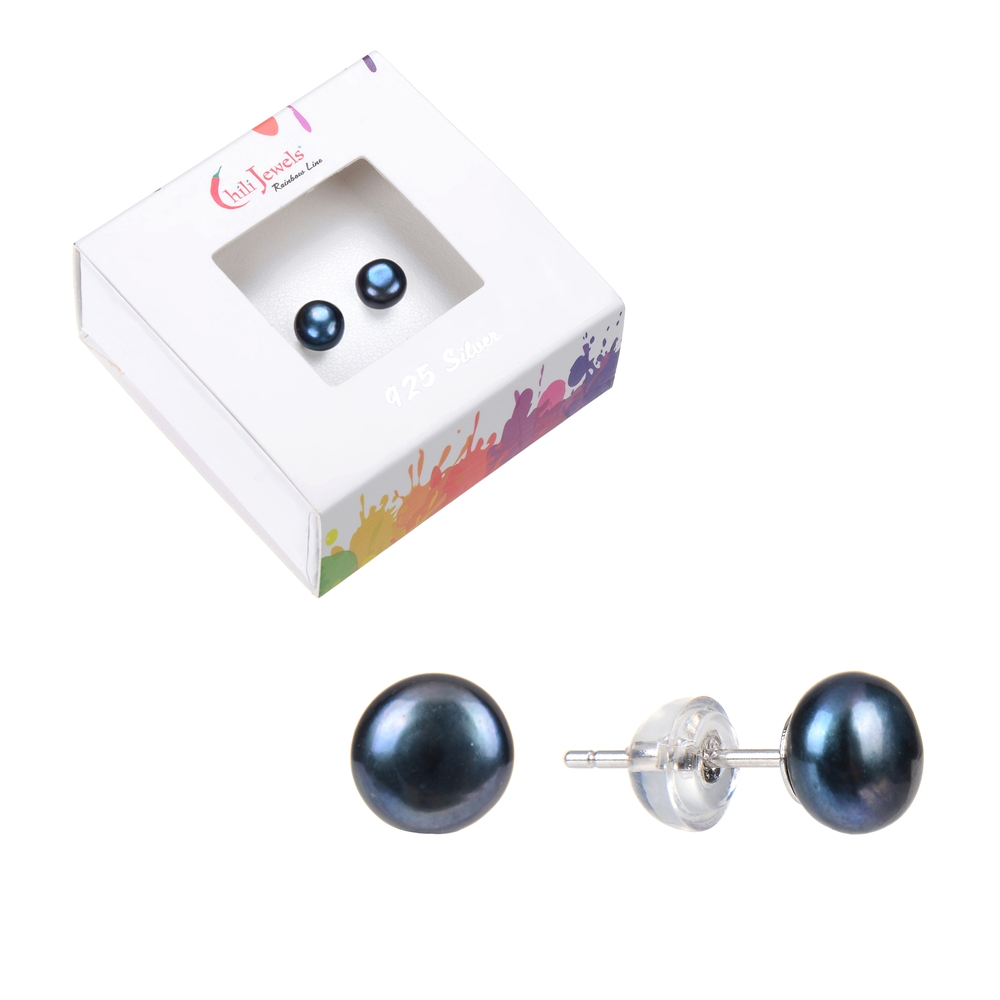 Earstuds pearl peacock (dyed), ball, 8mm, rhodiniert