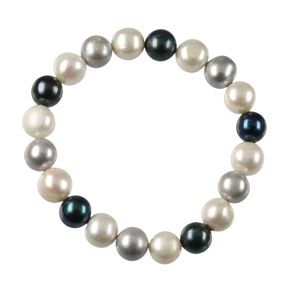 Bracelet en perles blanc/argent/pétrole, boules 10-11mm