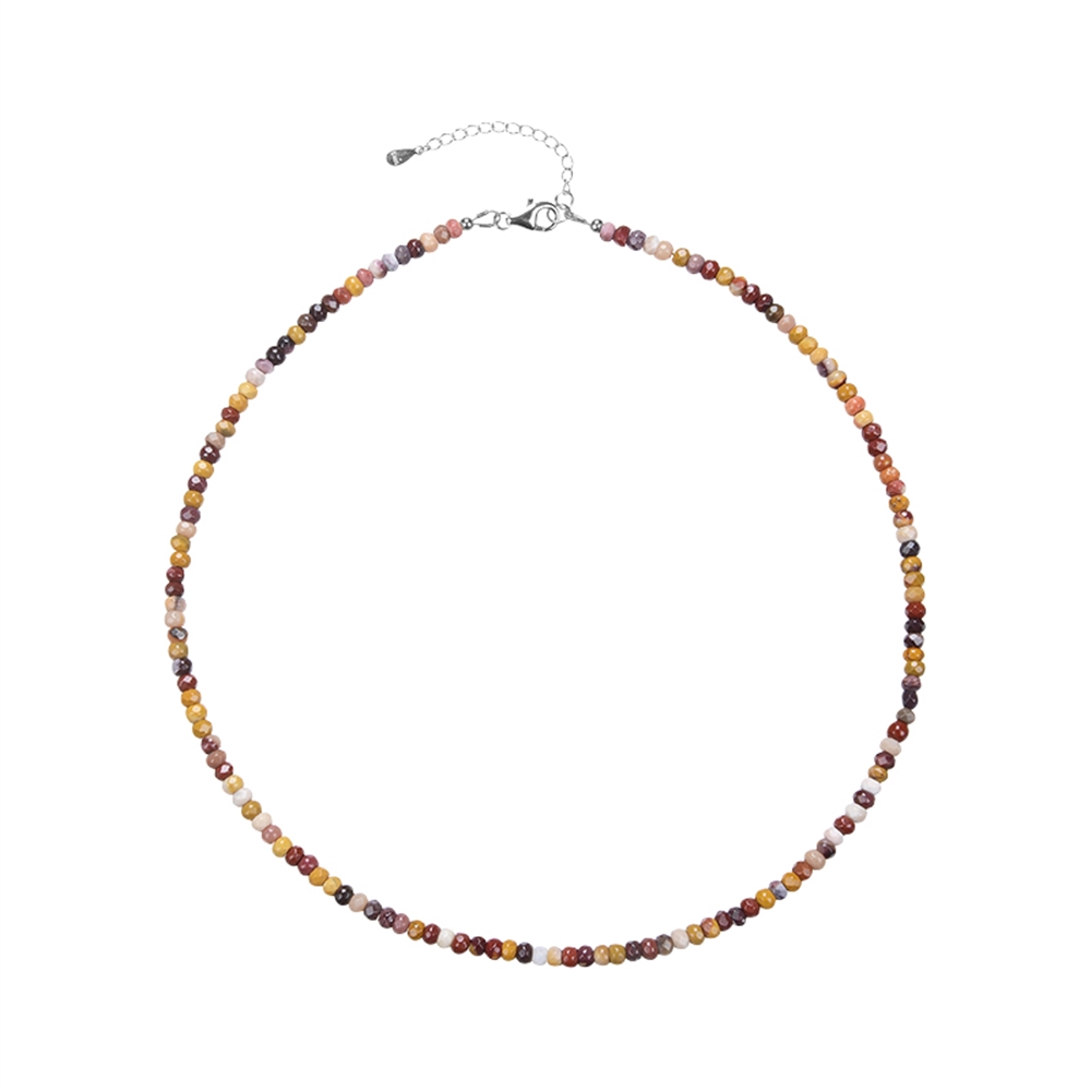 Necklace Mookaite, buttons (2 x 4mm), faceted, rhodium plated, extension chain